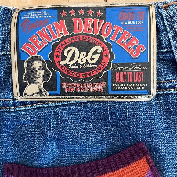 Dolce & Gabbana Distressed Denim Mini Skirt Colorful Sweater Knit Patches 90s - Picture 8 of 15